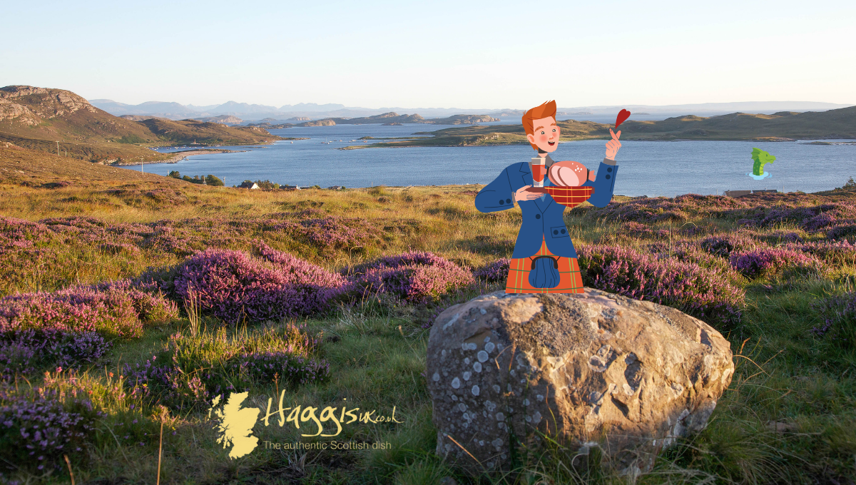 Scottish highlands with a cartoon man holding haggis