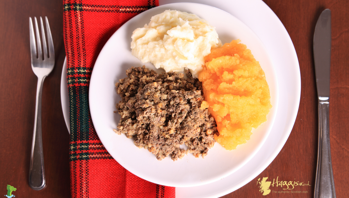 Haggis, neeps and tatties with a tartan napkin