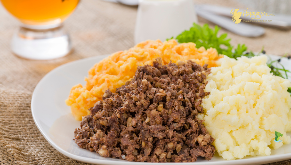 Haggis served with whisky, potatoes and swede for Burns Night